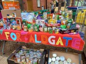 An image of tins and cans at Aldgate's Food Bank